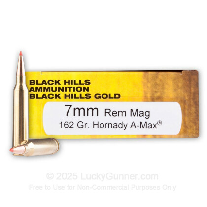 Large image of Cheap 7mm Rem Mag Ammo For Sale - 162 Grain A-Max Polymer Tip Ammunition in Stock by Black Hills Gold - 20 Rounds