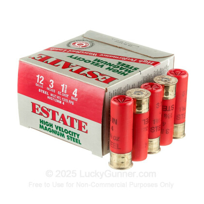Large image of Cheap 12 Gauge Ammo For Sale - 3" 1-3/8 oz. #4 Steel Shot Ammunition in Stock by Estate HV - 25 Rounds