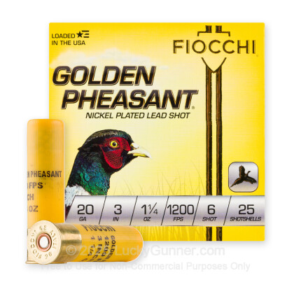 Large image of Premium 20 Gauge Ammo For Sale - 3” 1-1/4oz. #6 Shot Ammunition in Stock by Fiocchi Golden Pheasant - 25 Rounds