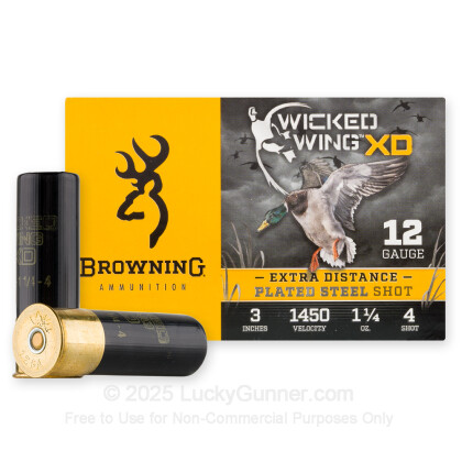 Large image of Premium 12 Gauge Ammo For Sale - 3” 1-1/4oz. #4 Steel Shot Ammunition in Stock by Browning Wicked Wing - 25 Rounds