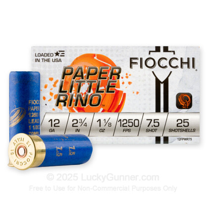 Large image of Cheap 12 Gauge Ammo For Sale - 2-3/4” 1-1/8oz. #7.5 Shot Ammunition in Stock by Fiocchi Paper Little Rino - 25 Rounds