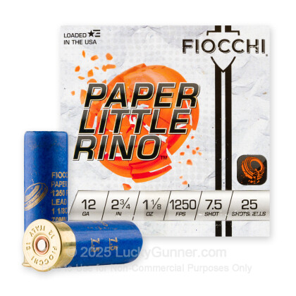 Large image of Cheap 12 Gauge Ammo For Sale - 2-3/4” 1-1/8oz. #7.5 Shot Ammunition in Stock by Fiocchi Paper Little Rino - 25 Rounds