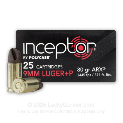 Large image of Premium 9mm Ammo For Sale - 80 Grain Inceptor ARX Ammunition in Stock by PolyCase - 25 Rounds
