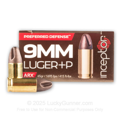 Large image of Premium 9mm +P Ammo For Sale - 65 Grain ARX Ammunition in Stock by Inceptor - 25 Rounds