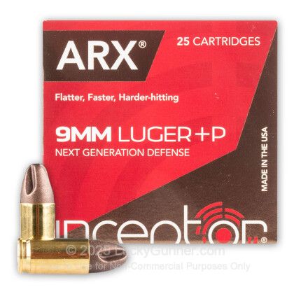Large image of Premium 9mm +P Ammo For Sale - 65 Grain ARX Ammunition in Stock by Inceptor - 25 Rounds