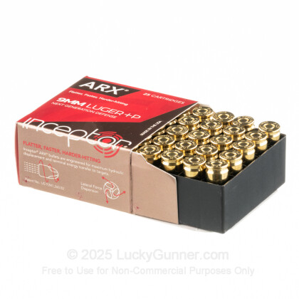 Large image of Premium 9mm +P Ammo For Sale - 65 Grain ARX Ammunition in Stock by Inceptor - 25 Rounds
