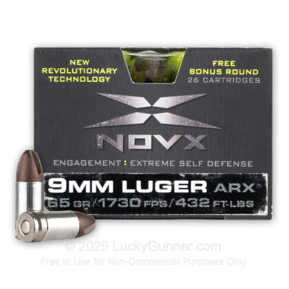 Large image of Premium 9mm Ammo For Sale - 65 Grain ARX Ammunition in Stock by NovX Engagement: Extreme - 26 Rounds