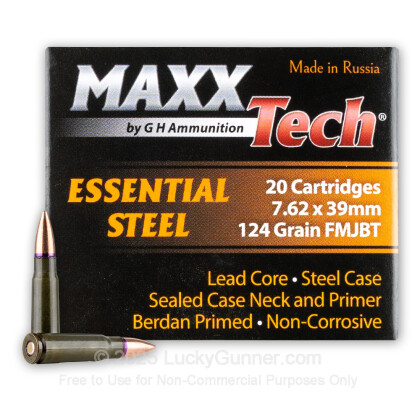 Large image of Cheap 7.62x39 Ammo For Sale - 124 Grain FMJBT Ammunition in Stock by MAXXTech Essential Steel - 20 Rounds