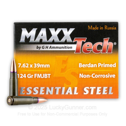 Large image of Cheap 7.62x39 Ammo For Sale - 124 Grain FMJBT Ammunition in Stock by MAXXTech Essential Steel - 20 Rounds
