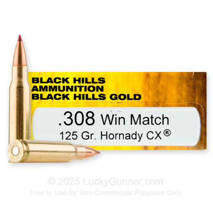 Large image of Black Hills Gold 308 Ammo For Sale - 125 Grain CX - 20 Rounds