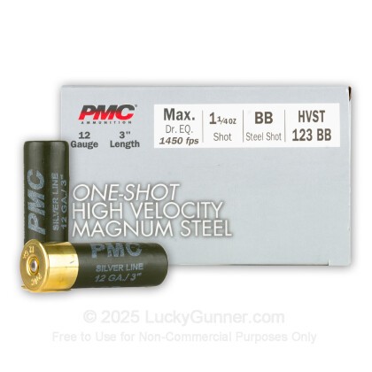 Large image of Cheap 12 Gauge Ammo For Sale - 3” 1-1/4oz. BB Steel Shot Ammunition in Stock by PMC One-Shot High Velocity - 25 Rounds