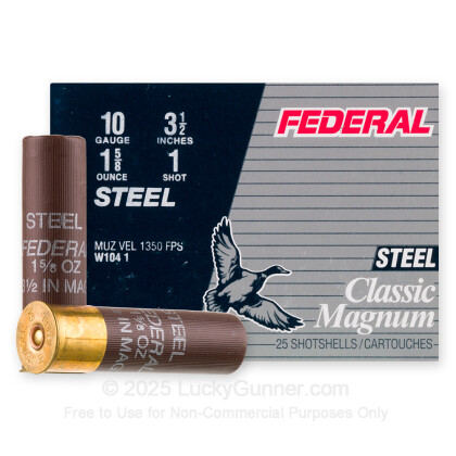 Large image of Bulk 10 Gauge Ammo For Sale - 3-1/2” 1-5/8oz. #1 Steel Shot Ammunition in Stock by Federal Classic Steel - 250 Rounds