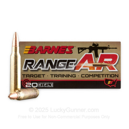 Large image of Premium 5.56x45mm Ammo For Sale - 52 Grain Zinc Core OTM Ammunition in Stock by Barnes Range AR - 20 Rounds