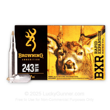 Large image of Bulk 243 Ammo For Sale - 97 Grain Rapid Expansion Matrix Tip Ammunition in Stock by Browning BXR - 200 Rounds