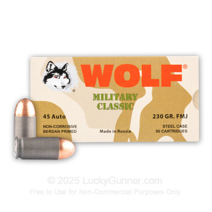 Large image of Bulk 45 ACP Ammo For Sale - 230 Grain Full Metal Jacket Ammunition in Stock by WOLF Performance Ammunition Military Classic - 500 Rounds