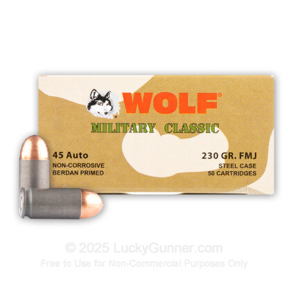 Large image of Bulk 45 ACP Ammo For Sale - 230 Grain Full Metal Jacket Ammunition in Stock by WOLF Performance Ammunition Military Classic - 500 Rounds
