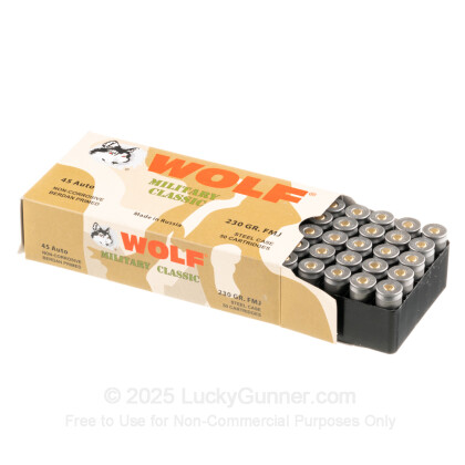 Large image of Bulk 45 ACP Ammo For Sale - 230 Grain Full Metal Jacket Ammunition in Stock by WOLF Performance Ammunition Military Classic - 500 Rounds