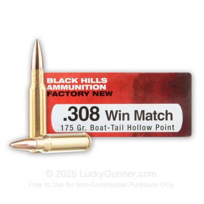 Large image of Premium 308 Win Ammo For Sale - 175 Grain Hollow Point Boat-Tail Ammunition in Stock by Black Hills Match - 20 Rounds