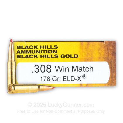 Large image of Premium 308 Ammo For Sale - 178 Grain ELD-X Ammunition in Stock by Black Hills Gold - 20 Rounds