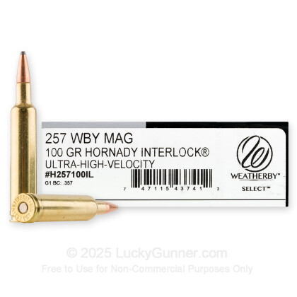 Large image of Premium 257 Weatherby Mag Ammo For Sale - 100 Grain InterLock Ammunition in Stock by Weatherby - 20 Rounds