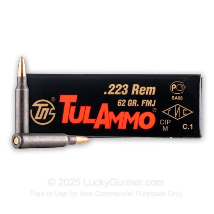 Large image of Cheap 223 Rem Ammo For Sale - 62 Grain FMJ Brass Jacketed Bullet Ammunition in Stock by Tula - 20 Rounds