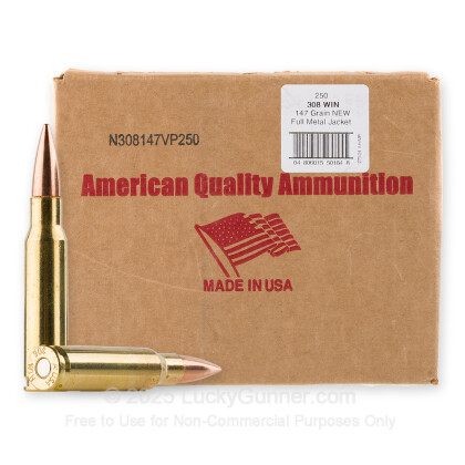 Large image of Bulk 308 Ammo For Sale - 147 Grain FMJ Ammunition in Stock by American Quality Ammunition - 250 Rounds