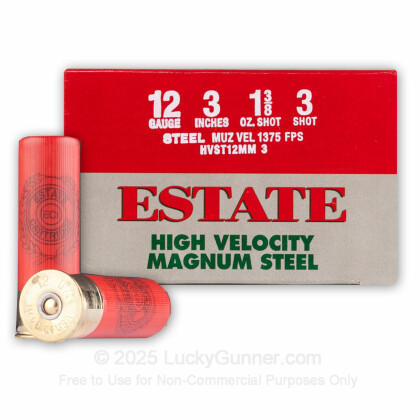 Large image of Cheap 12 Gauge Ammo For Sale - 3” 1-3/8 oz. #3 Steel Shot Ammunition in Stock by Estate Cartridge - 25 Rounds 