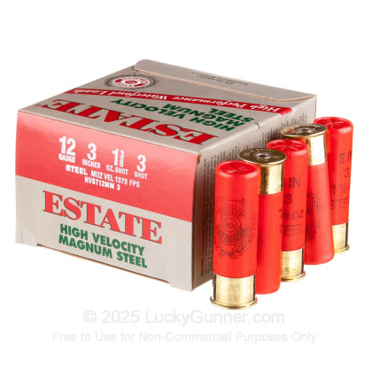 Large image of Cheap 12 Gauge Ammo For Sale - 3” 1-3/8 oz. #3 Steel Shot Ammunition in Stock by Estate Cartridge - 25 Rounds 