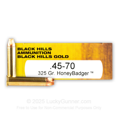 Large image of Premium 45-70 Government Ammo For Sale - 325 Grain HoneyBadger Ammunition in Stock by Black Hills Gold - 20 Rounds