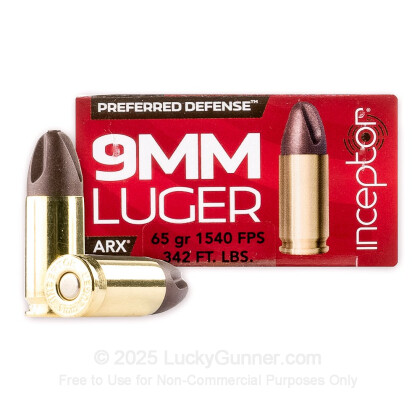 Large image of Premium 9mm Ammo For Sale - 65 Grain Inceptor ARX Ammunition in Stock by PolyCase Preferred Defense - 25 Rounds