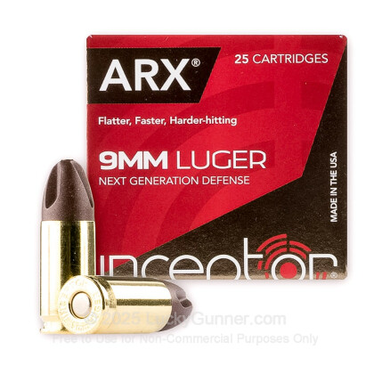 Large image of Premium 9mm Ammo For Sale - 65 Grain Inceptor ARX Ammunition in Stock by PolyCase Preferred Defense - 25 Rounds