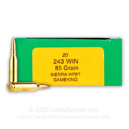 Large image of Premium 243 Ammo For Sale - 85 Grain HPBT GameKing Ammunition in Stock by HSM - 20 Rounds