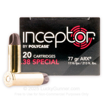 Large image of Premium 38 Special Ammo For Sale - 77 Grain ARX Ammunition in Stock by Polycase Inceptor - 20 Rounds