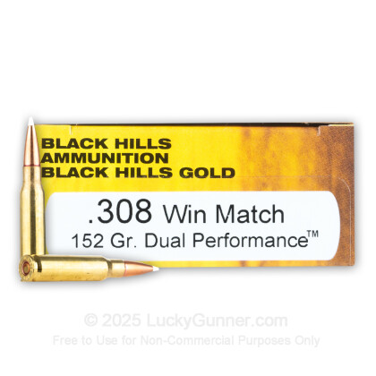 Large image of Premium 308 Ammo For Sale - 152 Grain Dual Performance Ammunition in Stock by Black Hills Gold - 20 Rounds