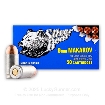 Large image of Cheap 9mm Makarov (9x18mm) Ammo For Sale - 94 gr FMJ Silver Bear Ammunition For Sale - 50 Rounds
