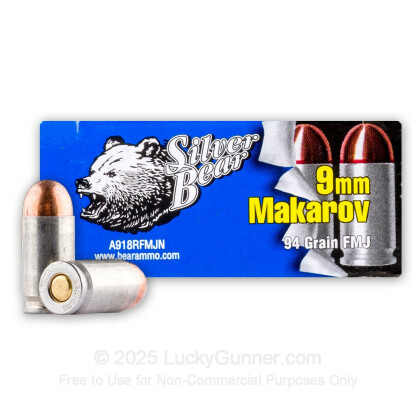 Large image of Cheap 9mm Makarov (9x18mm) Ammo For Sale - 94 gr FMJ Silver Bear Ammunition For Sale - 50 Rounds