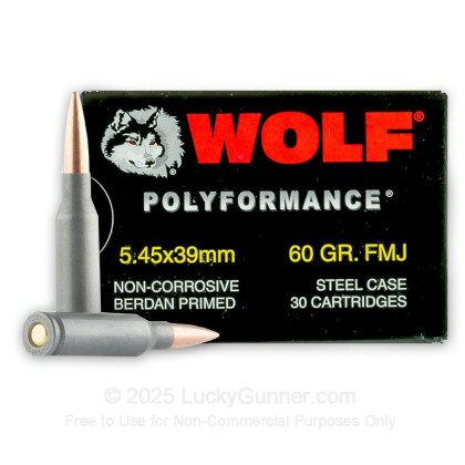 Large image of Cheap 5.45x39mm Ammo For Sale - 60 Grain FMJ Ammunition in Stock by Wolf Polyformance - 30 Rounds