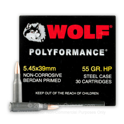 Large image of Cheap 5.45x39 Ammo For Sale - 55 Grain HP Ammunition in Stock by Wolf Polyformance - 30 Rounds