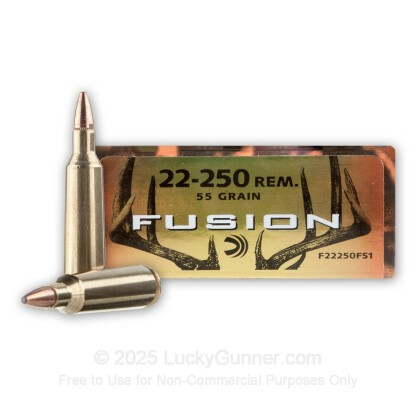 Large image of Premium 22-250 Rem Ammo For Sale - 55 Grain Soft Point Ammunition in Stock by Federal Fusion - 20 Rounds