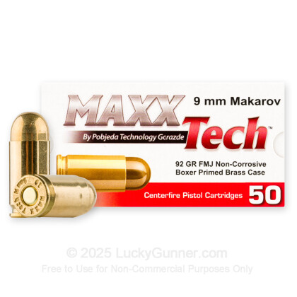 Large image of Bulk 9mm Makarov Ammo For Sale - 92 Grain FMJ Ammunition in Stock by MAXXTech - 1000 Rounds