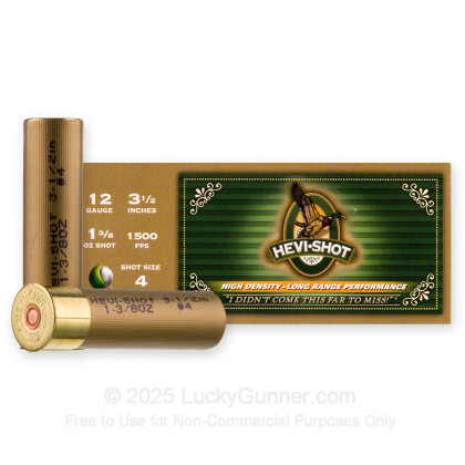 Large image of Premium 12 Gauge Ammo For Sale - 3-1/2” 1-3/8oz. #4 Shot Ammunition in Stock by Hevi-Shot Duck - 10 Rounds