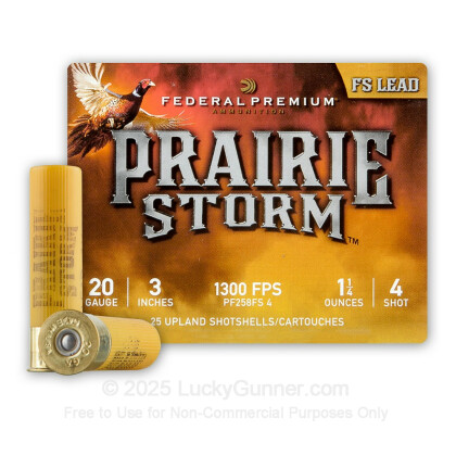 Large image of Cheap 20 Gauge Ammo For Sale - 3" 1-1/4 oz. #4 Shot Ammunition in Stock by Federal Premium PRAIRE STORM - 25 Rounds