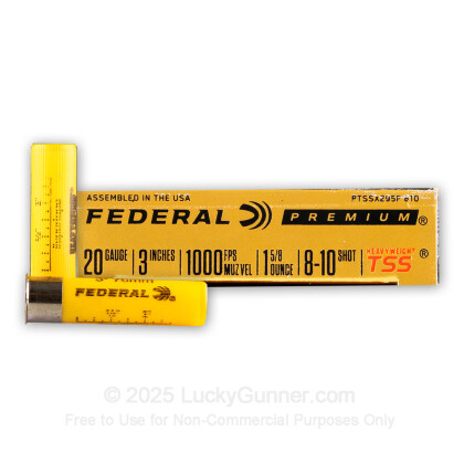 Large image of Premium 20 Gauge Ammo For Sale - 3” 1-5/8oz. #8/10 Shot Ammunition in Stock by Federal Heavyweight TSS - 5 Rounds
