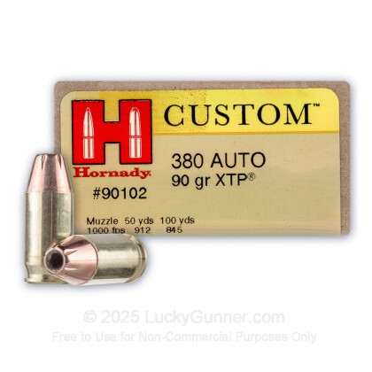 Large image of 380 Auto Defense Ammo In Stock - 90 gr JHP XTP - 380 ACP Ammunition by Hornady For Sale - 25 Rounds