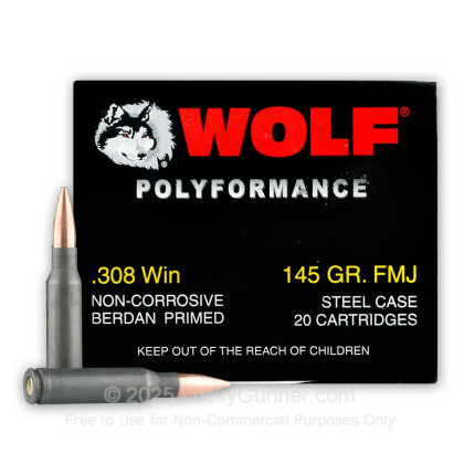 Large image of Bulk 308 Winchester 145 grain full metal jacket Wolf WPA Polyformance Ammo For Sale - 500 Rounds