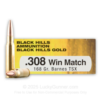 Large image of Premium 308 Ammo For Sale - 168 Grain Barnes TSX HP Ammunition in Stock by Black Hills Gold - 20 Rounds
