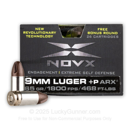 Large image of Premium 9mm +P Ammo For Sale - 65 Grain ARX Ammunition in Stock by NovX - 26 Rounds
