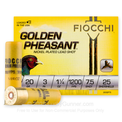 Large image of Premium 20 Gauge Ammo For Sale - 3” 1-1/4oz. #7.5 Shot Ammunition in Stock by Fiocchi Golden Pheasant - 25 Rounds