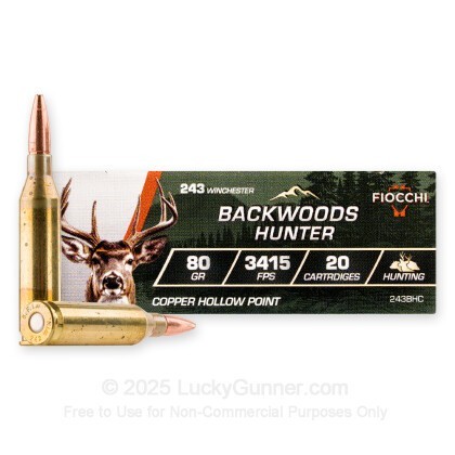 Large image of Fiocchi Backwoods Hunter 243 Ammo For Sale - 80 Grain CHP - 20 Rounds