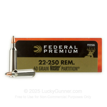 Large image of Premium 22-250 Ammo For Sale - 60 Grain Nosler Partition Ammunition in Stock by Federal Vital-Shok - 20 Rounds